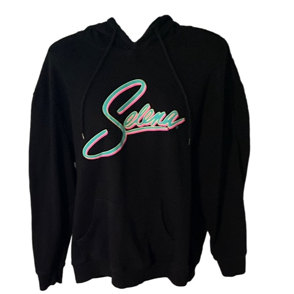 NWOT Large Selena black long sleeve graphic hooded sweater w/kangaroo pockets - Picture 3 of 15